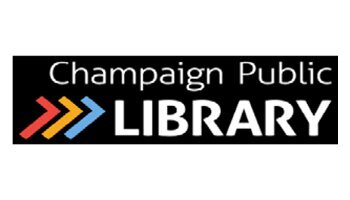 Champaign Public Library logo with red, orange, and blue arrow shapes in black rectangle